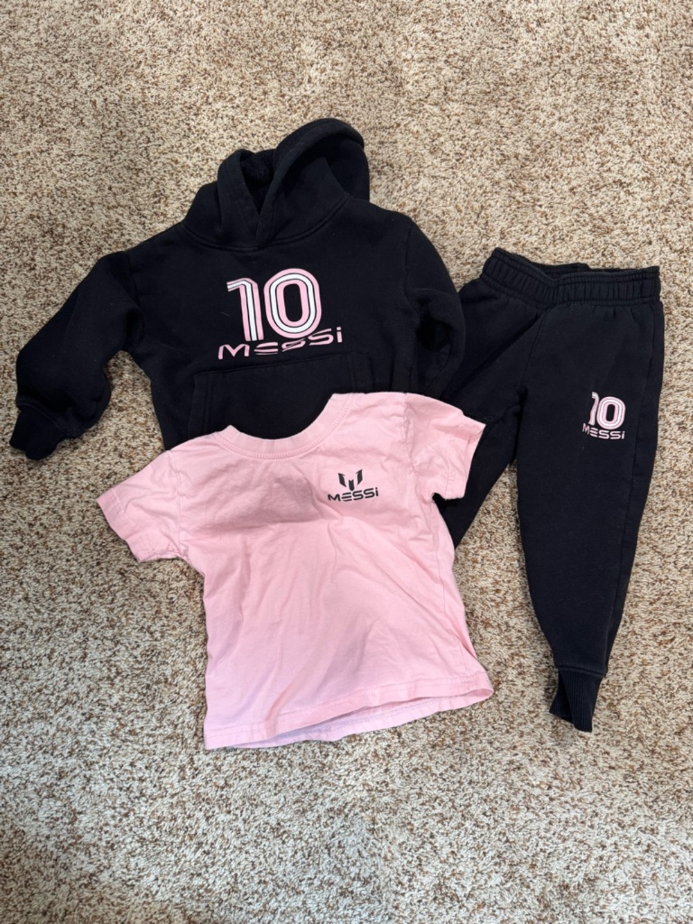 Messi Kids Matching Set - Black & Pink Hoodie, Tee and Joggers